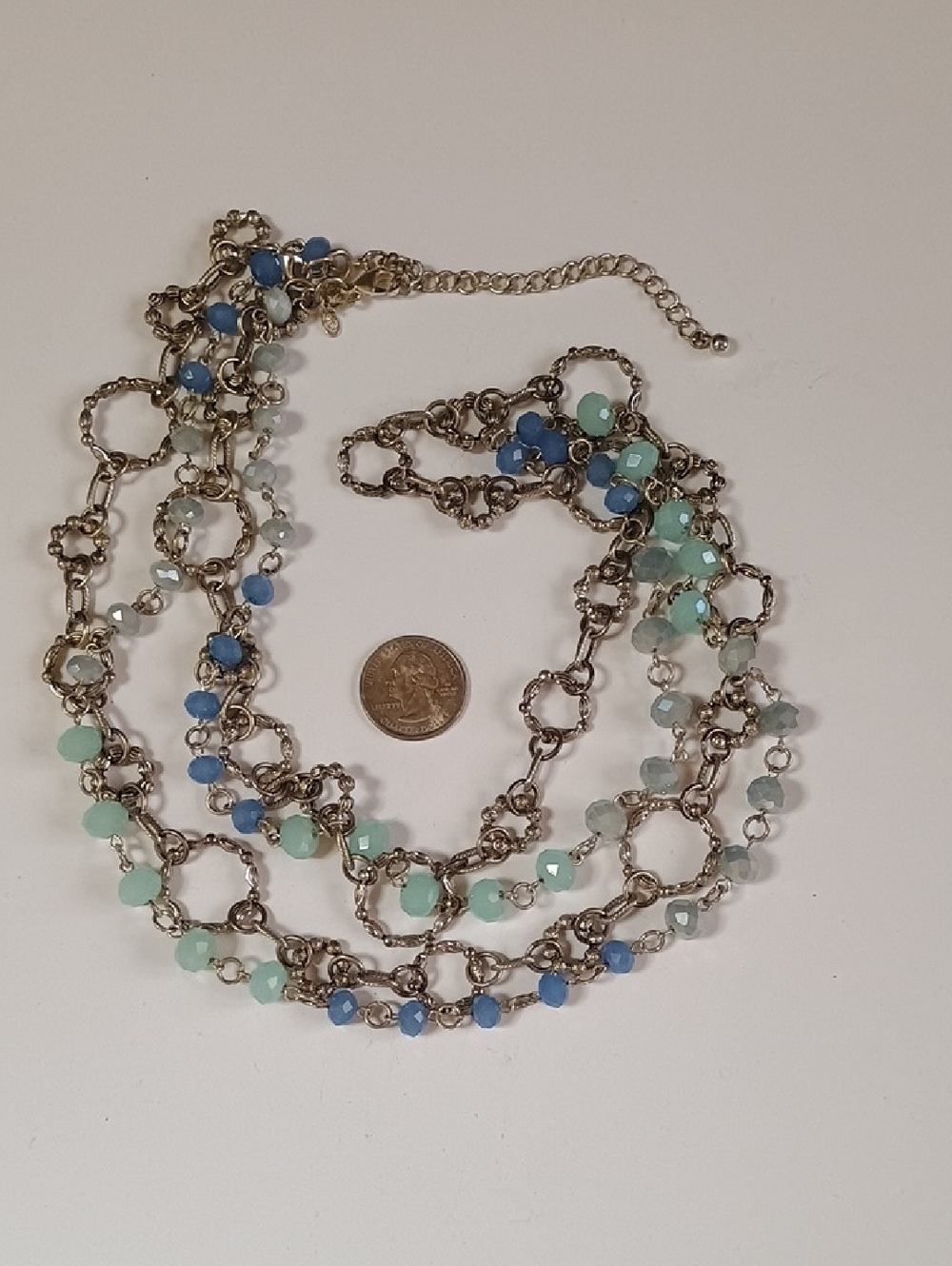 Layered Silver-Tone Necklace with Blue and Mint Beads